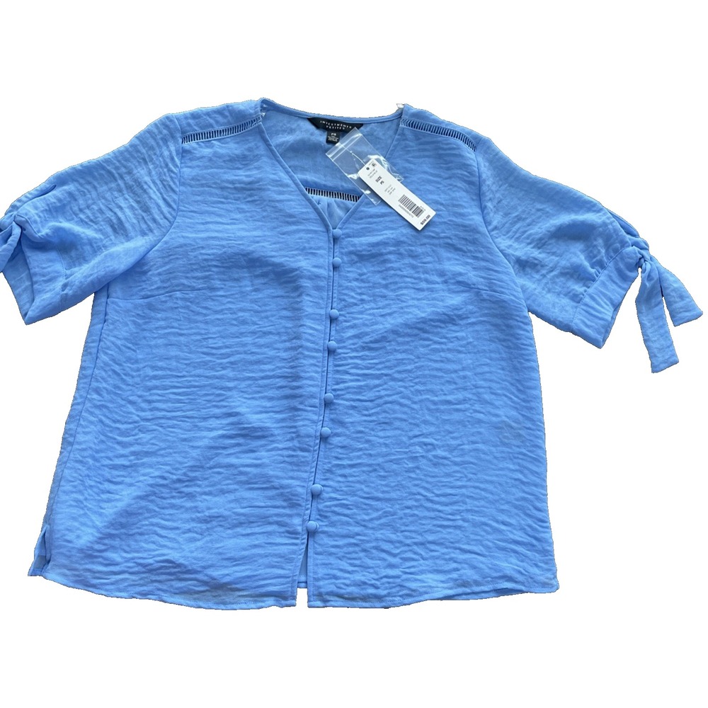 INVESTIMENTS PETITES Womens Blue Tie Sleeve Blouse Short Sleeve Shirt sz PS H24